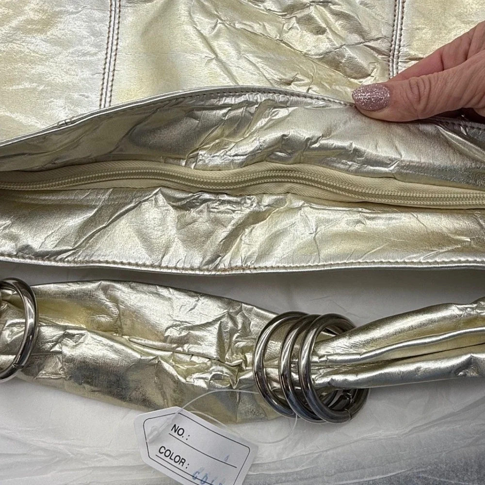 Gold‎ Metallic Hobo Bag Shoulder Bag Large Crinkle Faux Leather Silver Tones